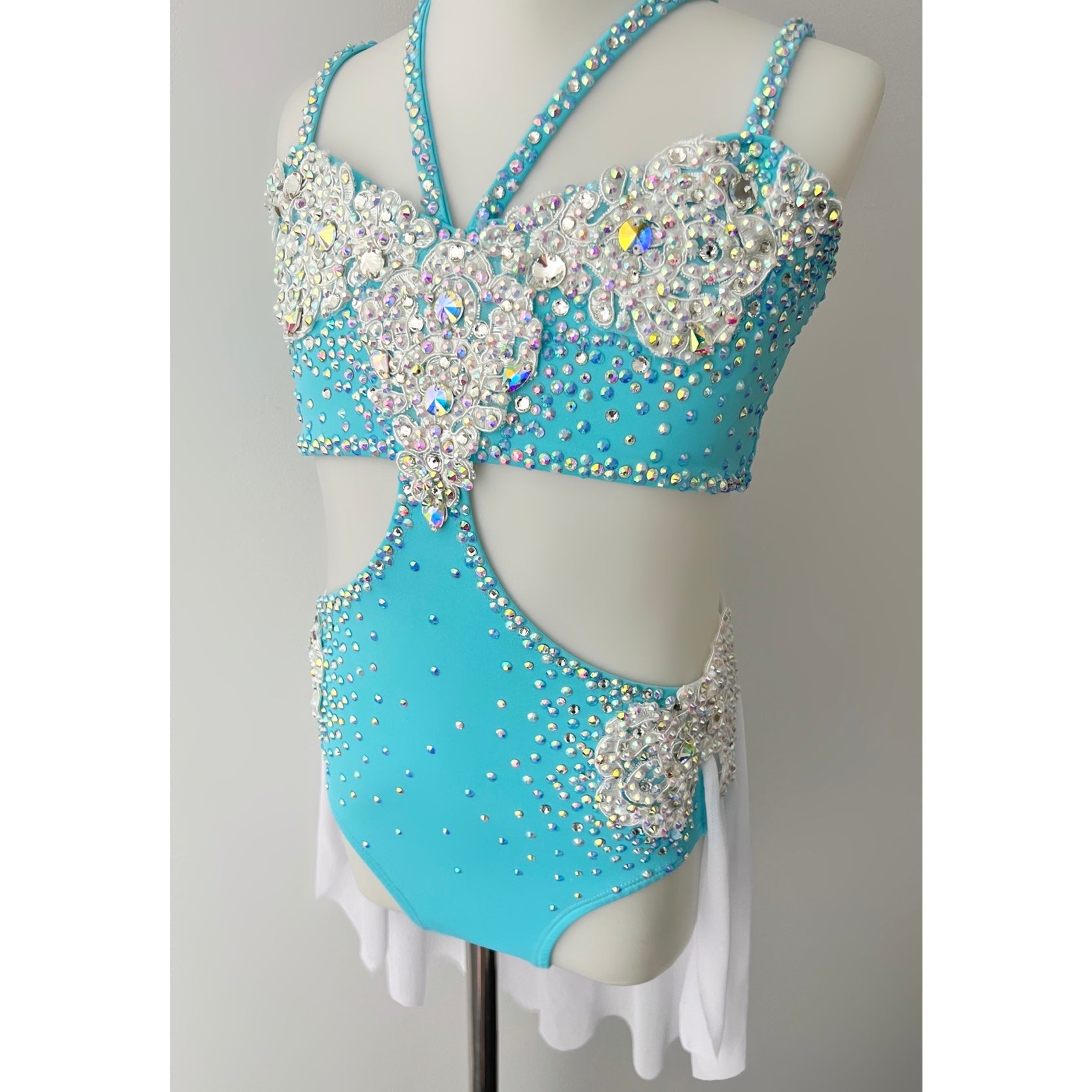 Child 8 | White Lace on Blue Lyrical Dance Costume - Sparkle Worldwide