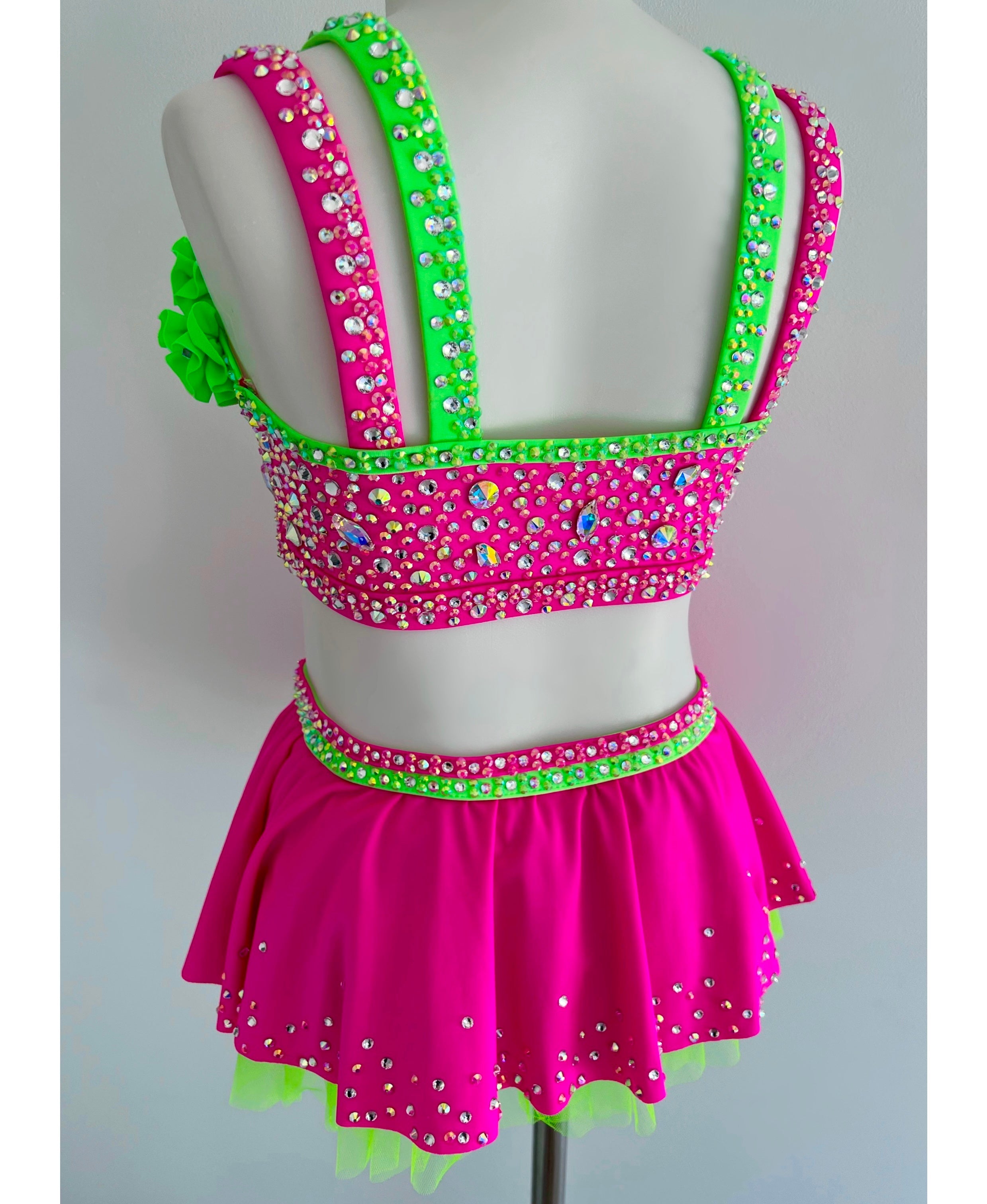 Size 6 | Neon Green & Pink Jazz Dance Costume - Sparkle Worldwide