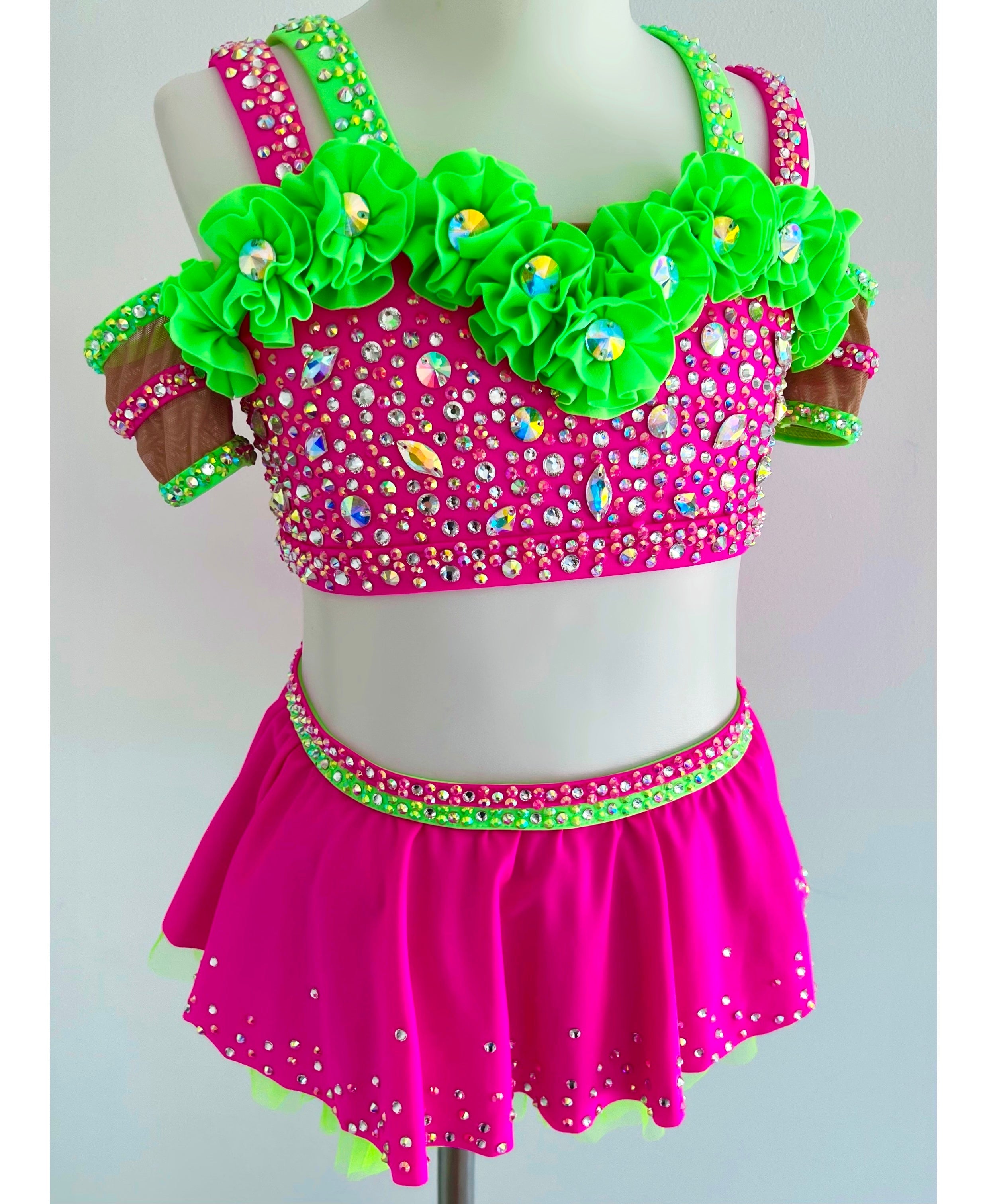 Size 6 | Neon Green & Pink Jazz Dance Costume - Sparkle Worldwide